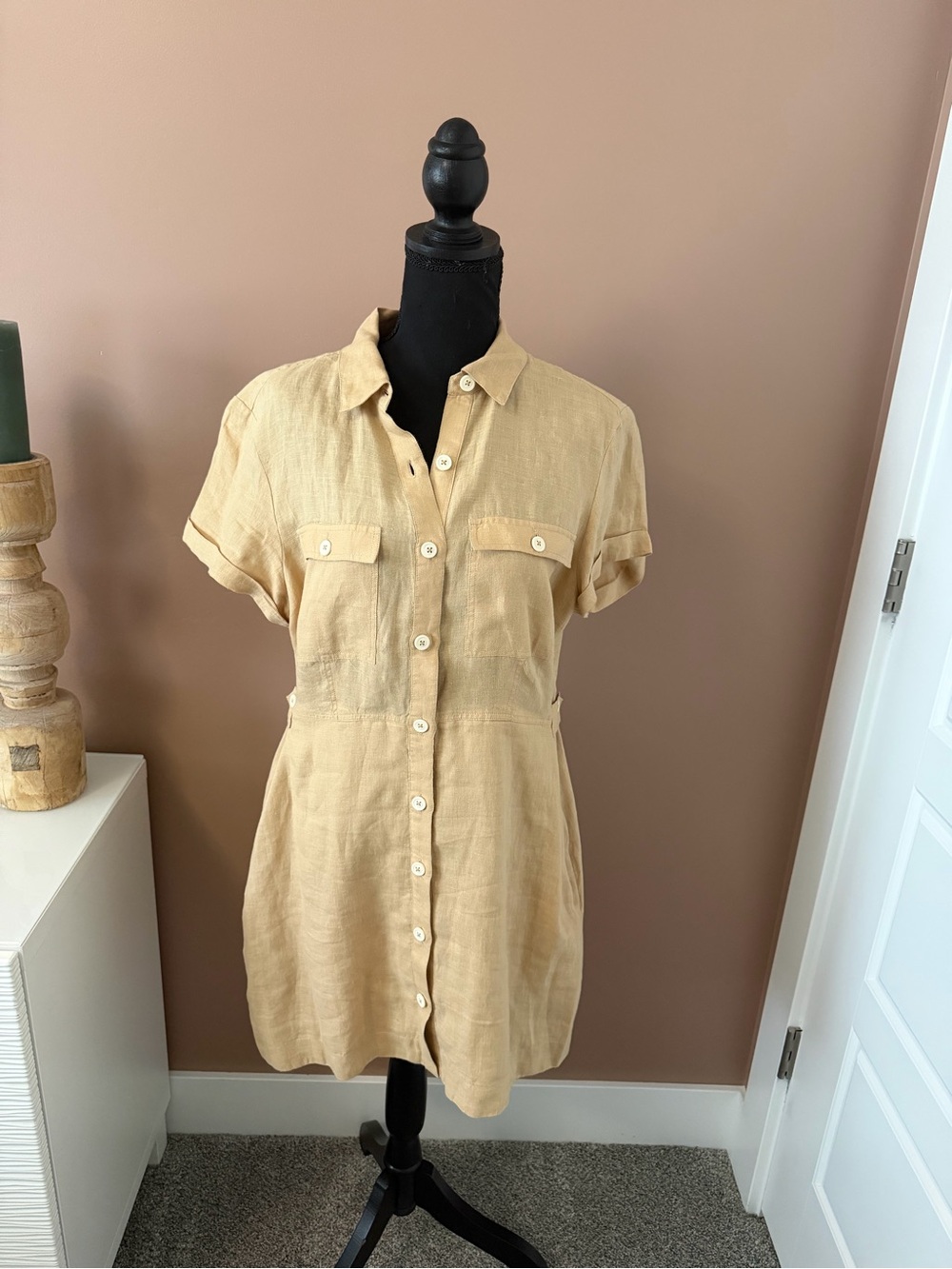 Free People Beige Short Sleeve Button-Front Mini Dress